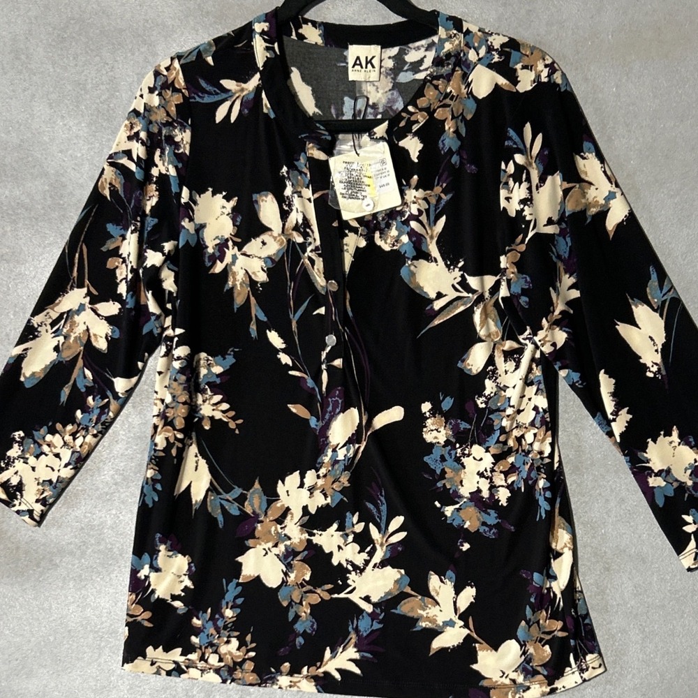 Anne Klein Floral Keyhole Neck 3/4‎ Sleeve Knit Top Black Tan Blue Medium NWT